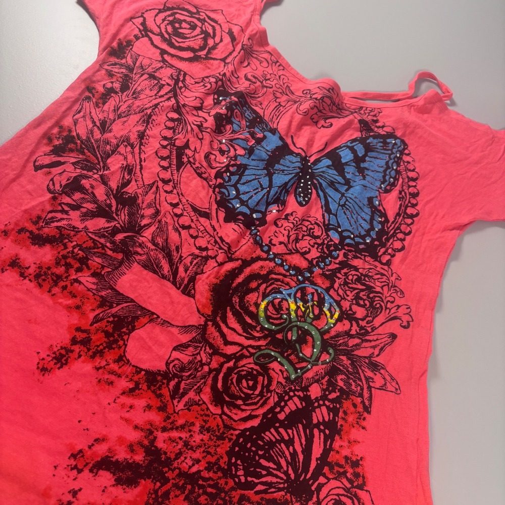 Karen Sport 1X Pink Butterfly Floral Rhinestone‎ Embellished Cold Shoulder Top